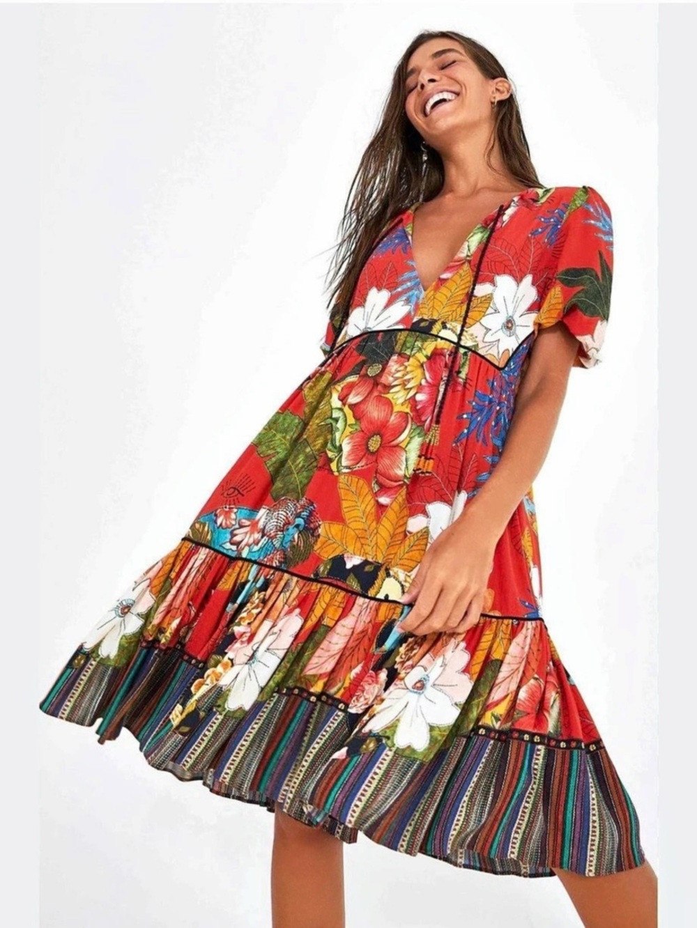 Farm Rio Magic Forest Tiered Long Sleeve Cotton Dress Cotton Dress Red &